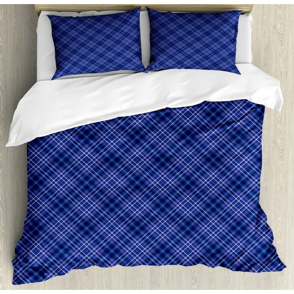 Geometrical Duvet Cover Set, Plaid Pattern in Blue Tones Monochrome, Decorative 3 Piece Bedding Set with 2 Pillow Shams, Calking Size, Indigo Violet Blue, by Ambesonne