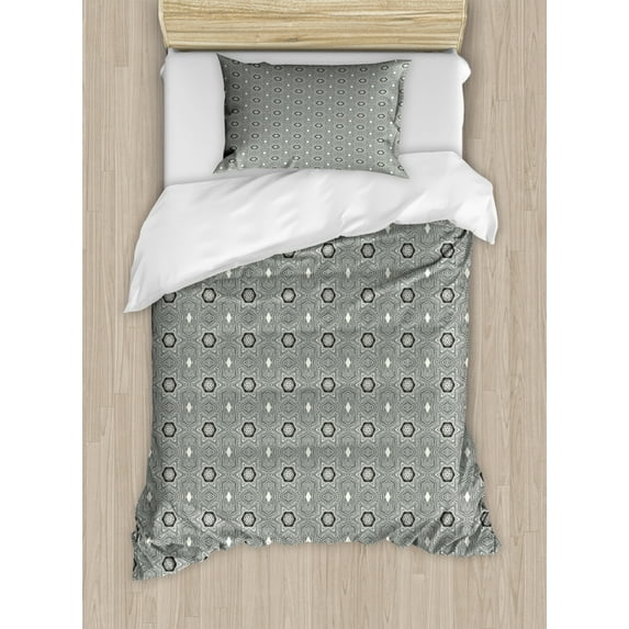 Geometrical Duvet Cover Set Twin Size, Ethnic Themed Hatched Motifs with Stripes and Floral Items, Decorative 2 Piece Bedding Set with 1 Pillow Sham, Pale Sage Green Charcoal Grey, by Ambesonne