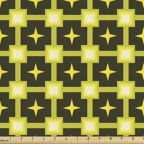 Geometrical Fabric by the Yard, Yellow Squares Connected by Stripes Along Stars Images Abstract Art, Upholstery Fabric for Dining Chairs Home Decor Accents, Yellow Charcoal Grey by Ambesonne