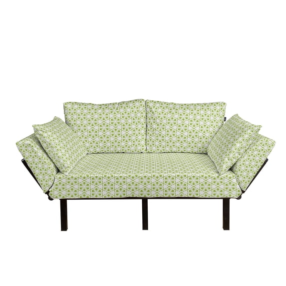 Geometrical Futon Couch, Simple Polygonal Pattern with Hexagons and Different Shapes Repetitive, Daybed with Metal Frame Upholstered Sofa for Living Dorm, Loveseat, Pearl Lime Green, by Ambesonne
