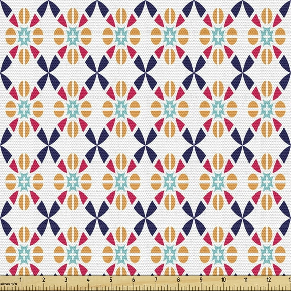 Ambesonne Geometrical Fabric by the Yard Upholstery, Vintage Mosaic Style, 5 Yards, Indigo Dark Orange