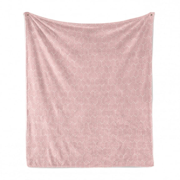 Geometrical Soft Flannel Fleece Throw Blanket, Monochromatic Polygon Repetition with Hexagon Shapes, Cozy Plush for Indoor and Outdoor Use, 50" x 60", Pastel Pink and White, by Ambesonne