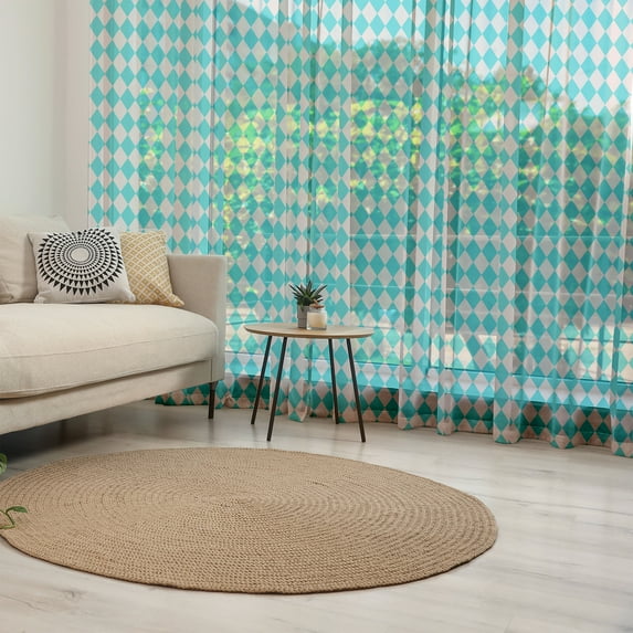 Geometrical Tulle Curtains with Rod Pocket, Vintage Retro 50s 60s Inspired Kitchen Tiles in Diamond Shapes Print, Sheer Drape for Wedding Party 2 Panels, 7 Sizes, Turquoise and Lilac, by Ambesonne