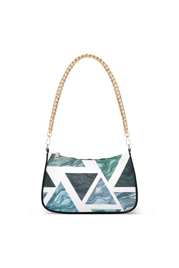 Geometrical Watercolor Green Blue Triangles Marble Womens Chain Shoulder Bag Tote Handbag Clutch Hobo Purse with Zipper for Travel Casual