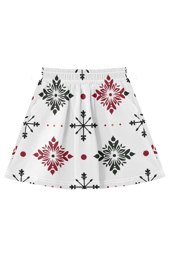 Geometricsnowflakes Pattern Cotton Skirt Built-in Liner Elastic A-Line Flared Skirt with Pockets