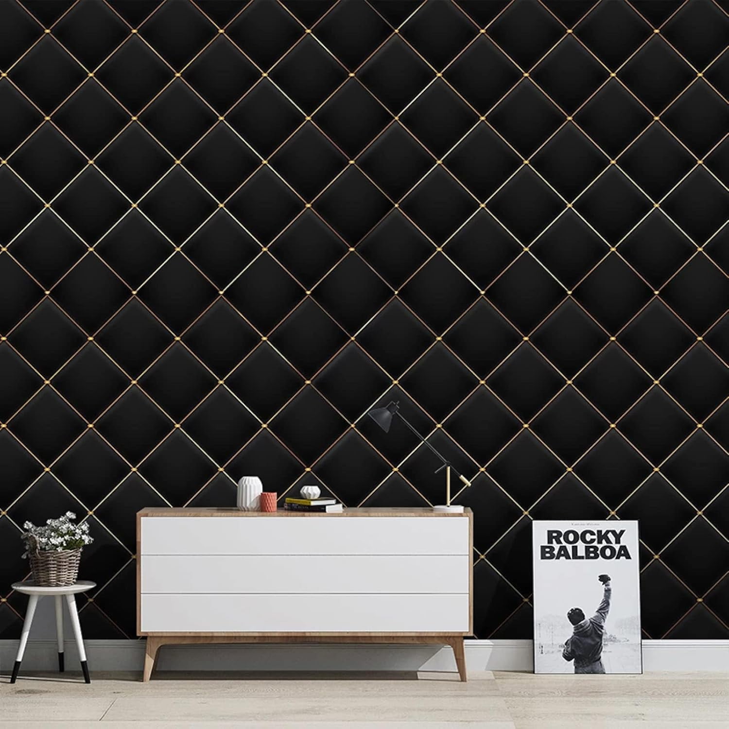 Geometry 3D Wall Murals Wallpaper, Black Gilded Thread Removable
