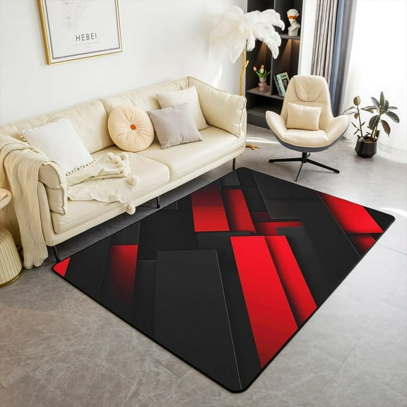 Geometry Area Rug For Kids Teens Adult 3D Abstract Art Red Black Square Living Room Decor Non Slip Rug For Bedside,Modern Simple Style Decorative Rug For Playroom Sofa 2x3ft