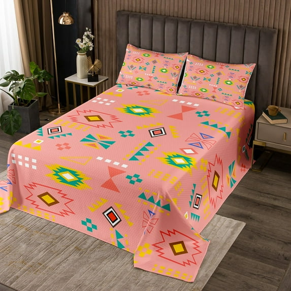 Geometry Aztec Quilt Set Tribe Arrow Queen Bedspread Set,Bohemian Triangle Diamond Coverlet Set Exotic Style Quilted,Southwestern Grid Boho Decor,Pink