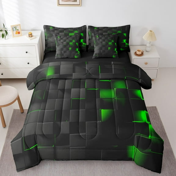 Geometry Bed in a Bag 7 Piece Twin for Boys Girls Green Square Pattern Bedding Comforter Sheet Set, Beehive Geometrical Bed Set Black Abstract Plaid Fitted Sheet Black Honeycomb Print Quilt