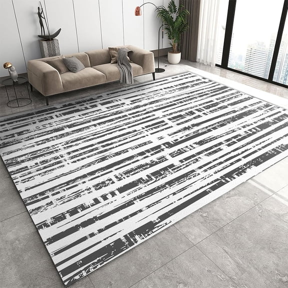 Geometry Black White Abstract Stripe Large Rug ,Retro Distressed Throw Indoor Grey Rug ,Non-Slip Backing Washable Rug ,Apply To Living Room Bedroom Dining Room Office 5x7ft