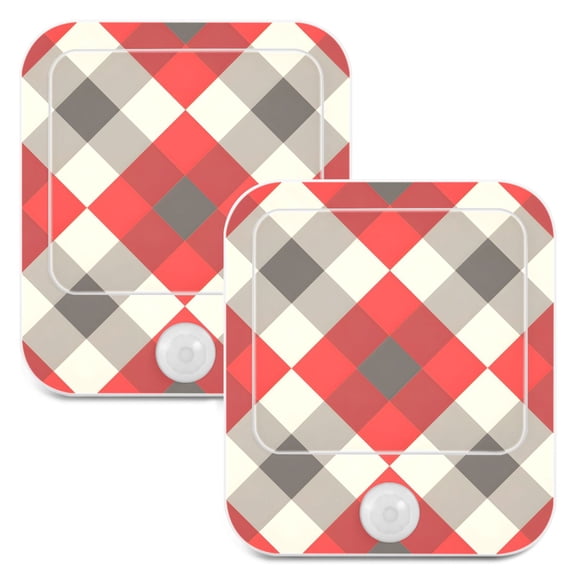 Geometry Checkered Grid Print 2 Pack LED Motion Sensor Night Light Plug into Wall Auto Dusk to Dawn Adjustable Brightness for Kids Bedroom Hallway Nursery Room