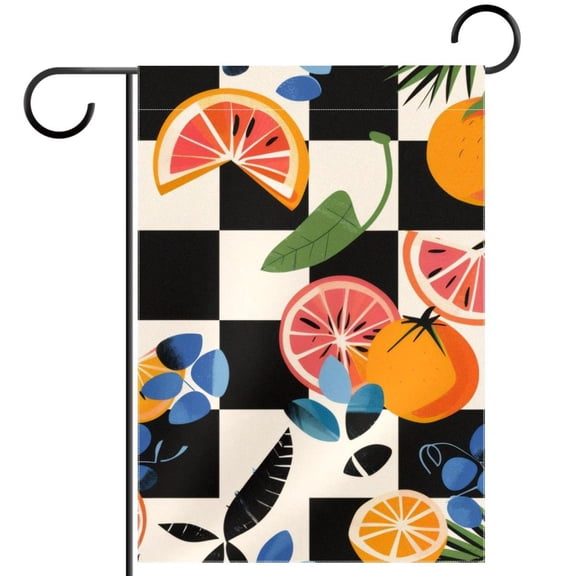 Geometry Checkered and Fruits Pattern Garden Flag Double Sided House Flag for Outdoor Home, Personalized All Year Round Yard Decor 12 x 18 Inch