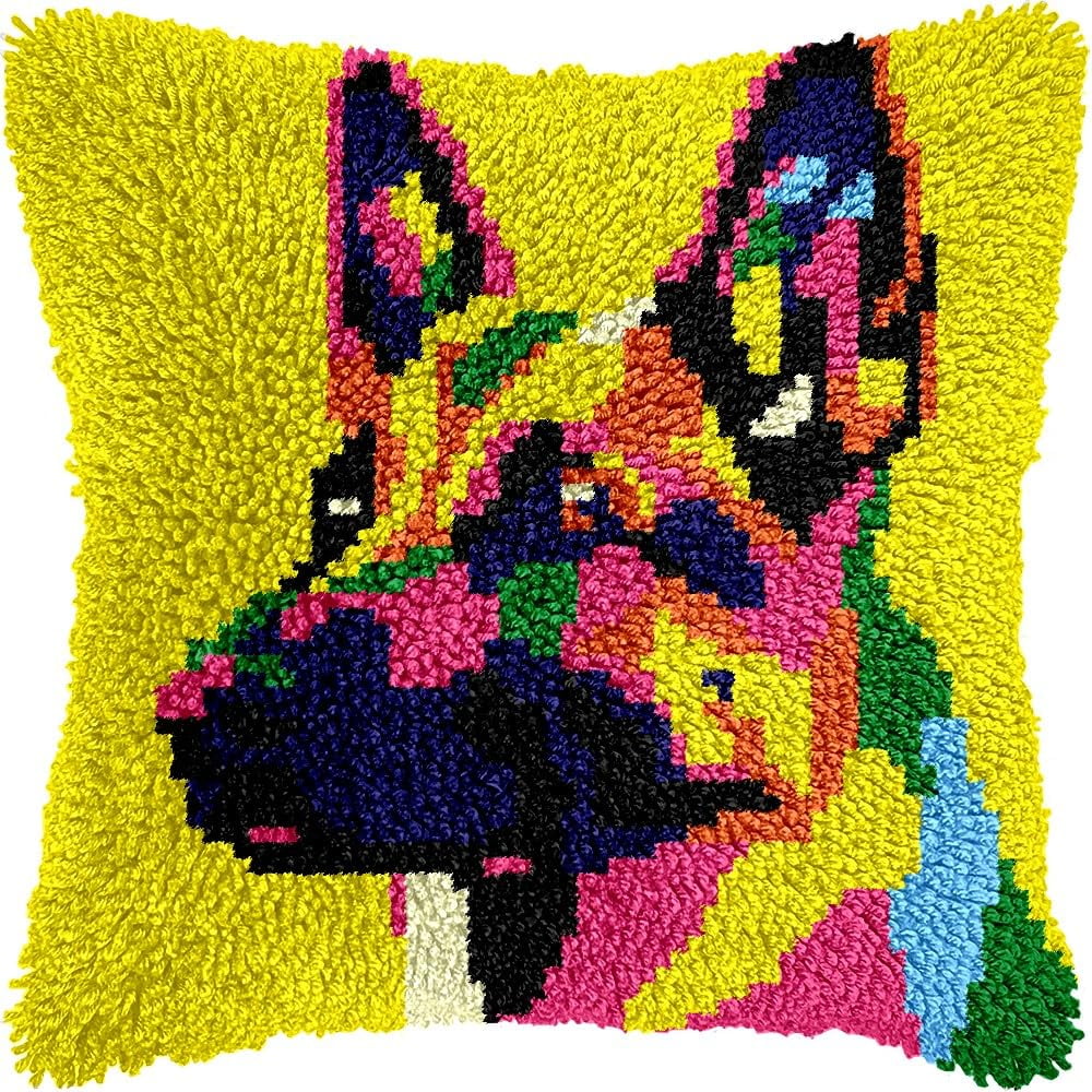 Geometry Colorful German Shepherd Latch Hook Pillow Kits for DIY Throw Pillow Cushion Embroidery Latch Hooking Pillowcase Kits with Preprinted Canvas Crochet Yarn Kits for Home Decor 17''X 17''(C37)