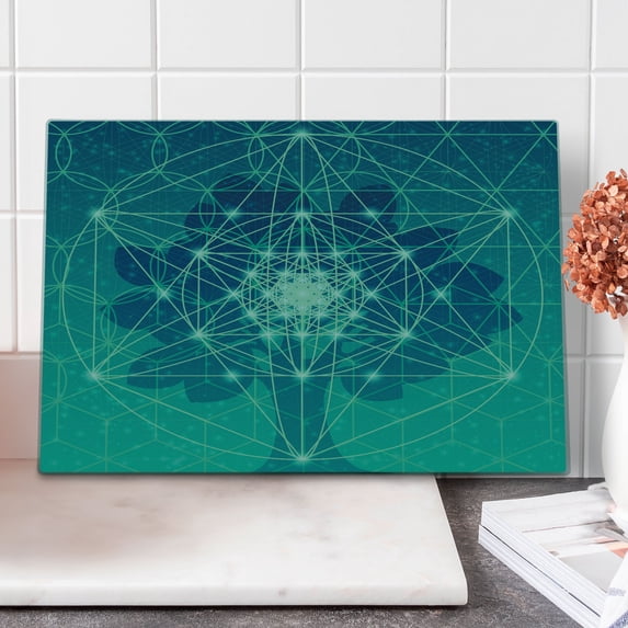 Geometry Cutting Board, Digital Futuristic Tree of Life Space Plains Pattern, Decorative Tempered Glass Cutting and Serving Board, Large Size, Petrol Blue Green, by Ambesonne