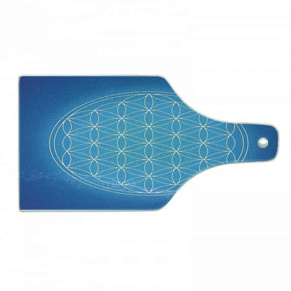 Geometry Cutting Board, Flower of Life Grid Pattern Consisting of Types Overlapping Circles Theme, Decorative Tempered Glass Cutting and Serving Board, Wine Bottle Shape, Blue White, by Ambesonne