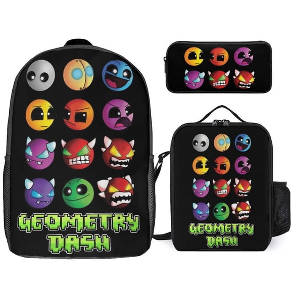 Geometry Dash 3 Piece Backpack Set with Lunch Bag Pencil Case, High Capacity Bookbag with Lunch Box Pen Box for Man Women Workplace Travel