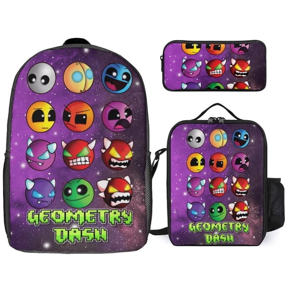 Geometry Dash 3 Piece Backpack Set with Lunch Bag Pencil Case, High Capacity Bookbag with Lunch Box Pen Box