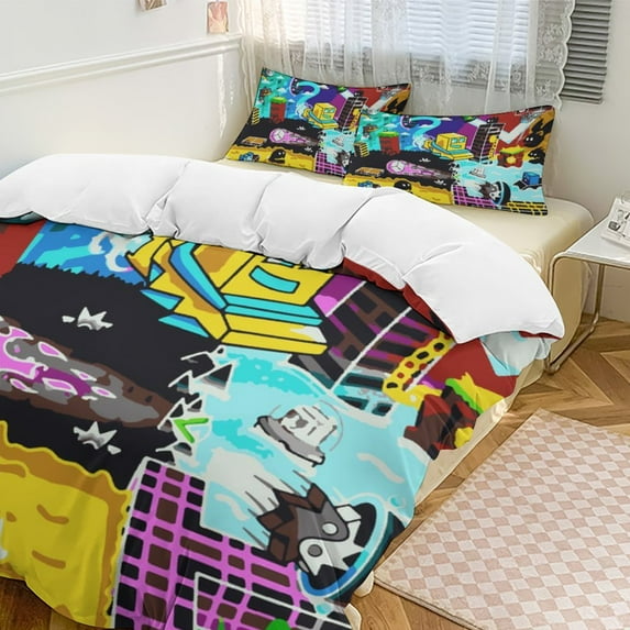 Geometry Dash 3-Piece Bedding Set Soft Warm And Comfortable Soft Bed Set with 1 Duvet Cover And 2 Pillowcases for Bedroom
