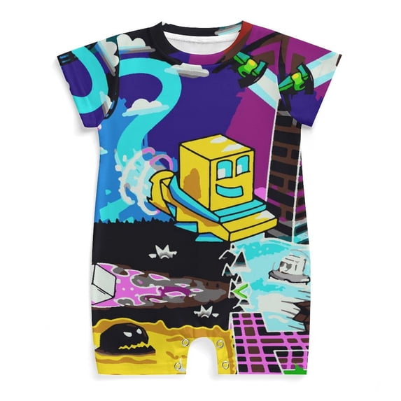 Geometry Dash Baby Boy Girl Short Sleeve Romper Clothing Set Print Cartoon Baby Summer One Piece Jumpsuit