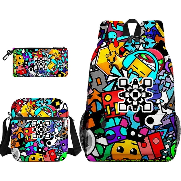 Geometry Dash Backpacks 3 Pieces Sets Funny Shoulder Bag Casual Pencil Bag Lunch Box
