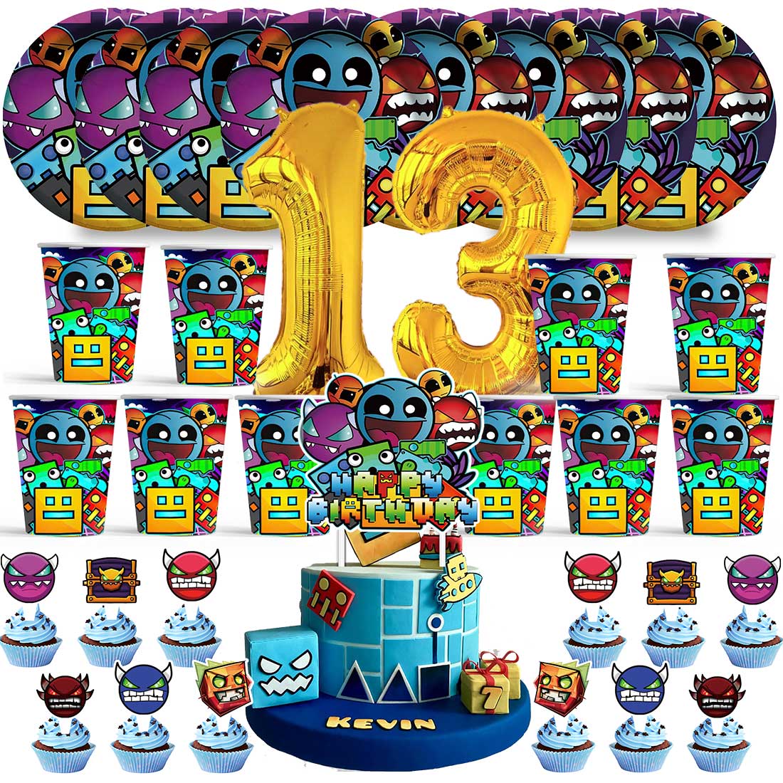 Geometry Dash Birthday 13th Cups Party Supplies Plates Fans Decorations ...