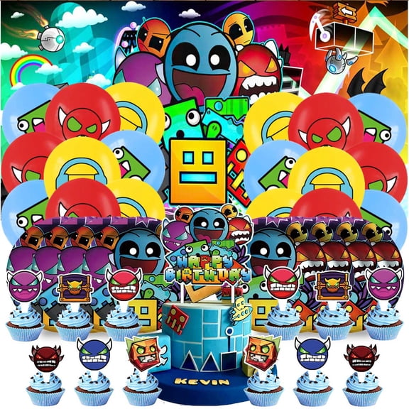 Geometry Dash Birthday Party Supplies Balloons Plates Decoration Cake Topper Decor Tableware Banner Backdrop