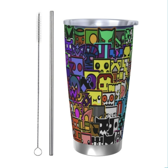 Geometry-Dash Double Walled Cars Speed Frenzy Insulated Tumbler Cup Travel Cup and Straw Keeps Drinks Cold & Hot 20 oz