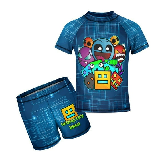 Geometry Dash Geometry Dash Geometry Dash Boys Two Piece Rash Guard Swimsuits Kids Short Sleeve Swimwear Sets Bathing Suit