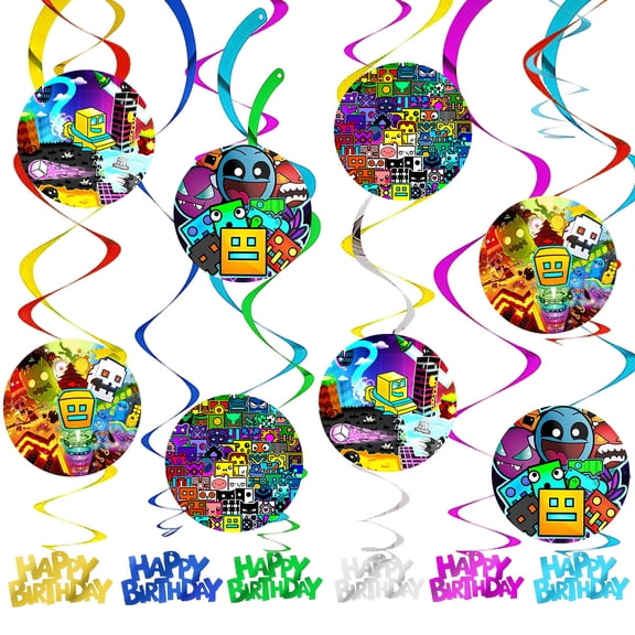 Geometry Dash Party Decorations Hanging Swirl Sign Whirls Birthday Streamer Ceiling Decor Supplies 14 pcs