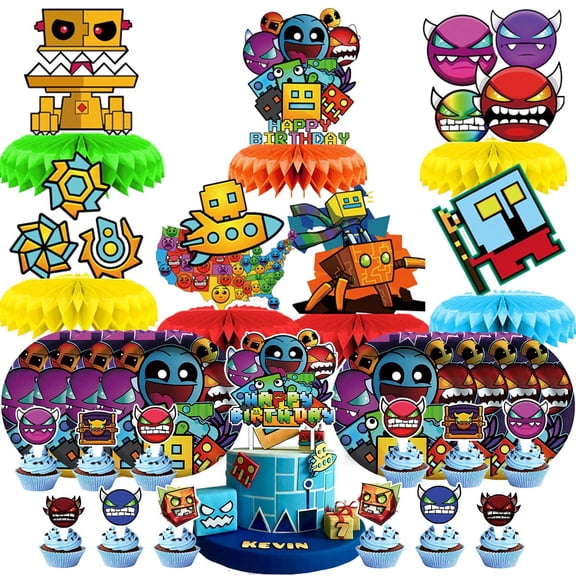 Geometry Dash Party Supplies Decor Plates Fans Decorations Honeycomb Centerpieces Cake Toppers