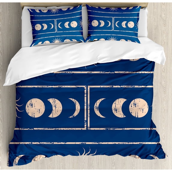 Geometry Duvet Cover Set, Grungy Display Design of Planetary Sun Moon Phases of Mystery, Decorative 3 Piece Bedding Set with 2 Pillow Shams, Queen Size, Violet Blue Beige, by Ambesonne
