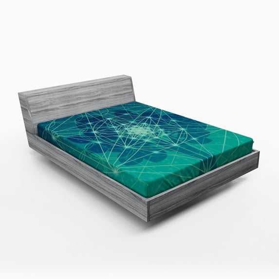 Geometry Fitted Sheet, Digital Futuristic Tree of Life with Space Plains Pattern, Soft Decorative Fabric Bedding, Queen Size, Petrol Blue Green, by Ambesonne