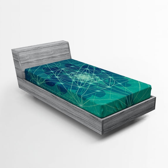Geometry Fitted Sheet, Digital Futuristic Tree of Life with Space Plains Pattern, Soft Decorative Fabric Bedding, Twin Size, Petrol Blue Green, by Ambesonne