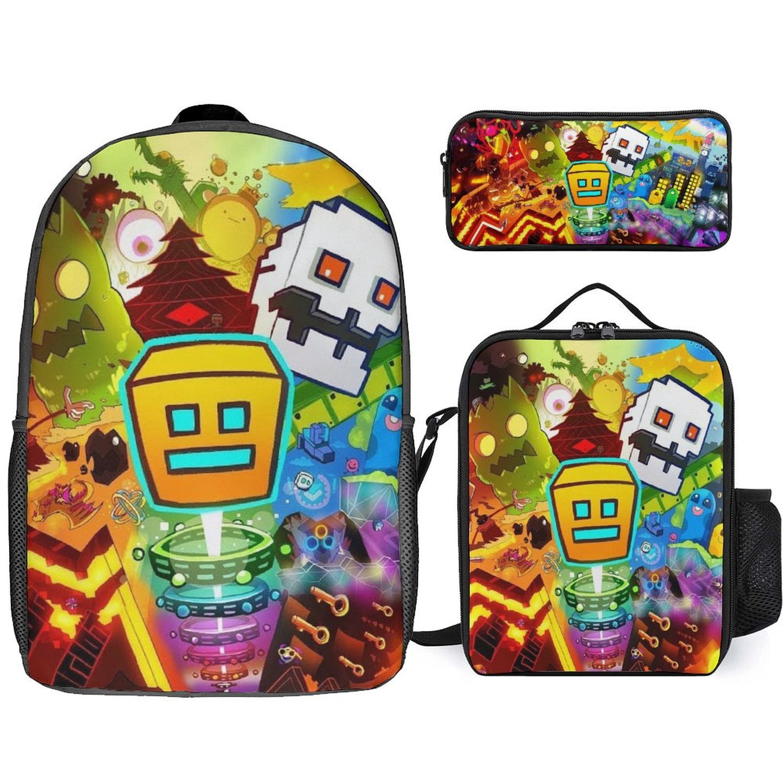 Geometry Game Dash 3 Piece Backpack Set with Lunch Bag Pencil Case ...