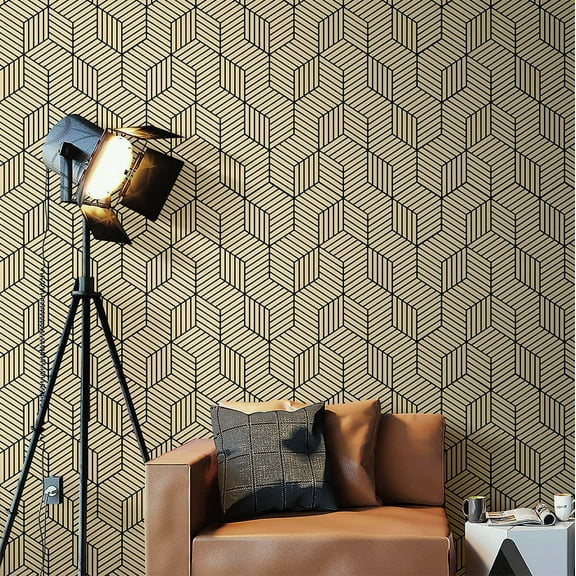 Geometry Hexagon Stripped Peel and Stick Wallpaper Vinyl Contact Paper Decorative 17.72" X 9.8ft, Black and Yellow