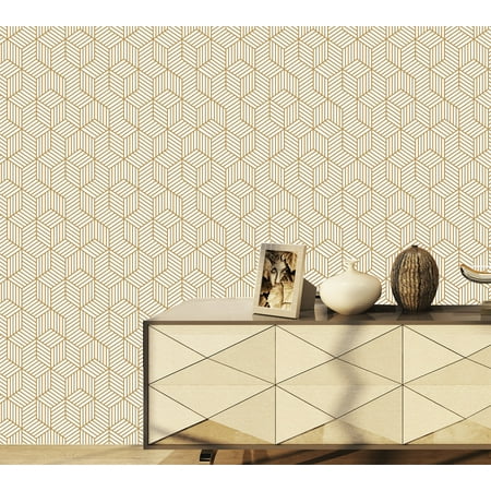 Geometry Hexagon Stripped Peel and Stick Wallpaper Vinyl Contact Paper Decorative 17.72" X 9.8ft, Gold and White