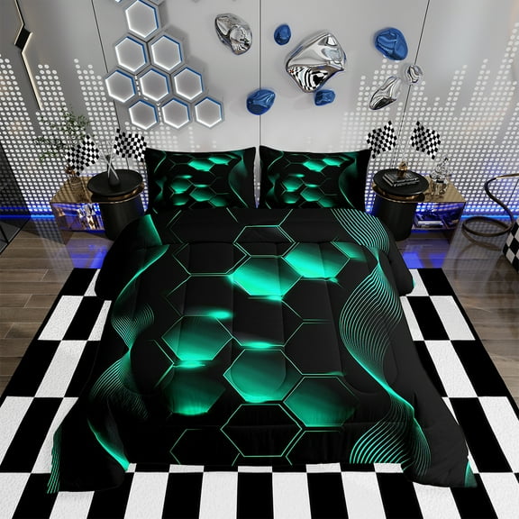 Geometry Honeycomb Full Comforter Set,Neon Lights Mint Green and Black Striped Bedding Set Glowing Ombre Hexangon Quilt Set,Geometric Hexangonal Down Comforter,Reversible 3 Piece