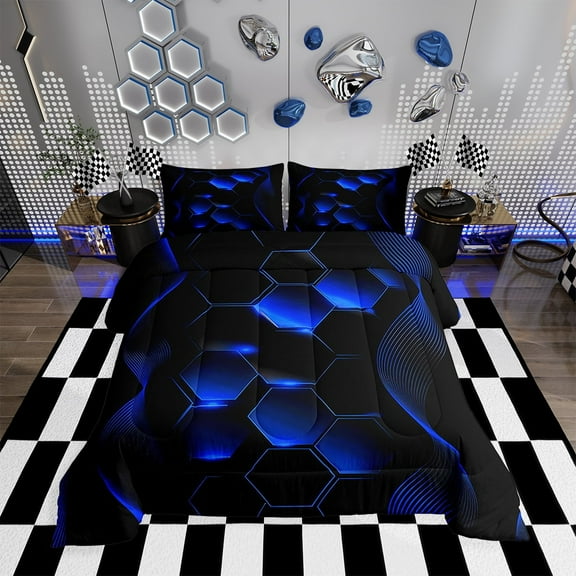 Geometry Honeycomb King Comforter Set,Neon Lights Royal Blue and Black Striped Hexangon Bedding Set Glowing Geometric Hexangonal Down Comforter,Ombre Gradient Bed Set,Reversible