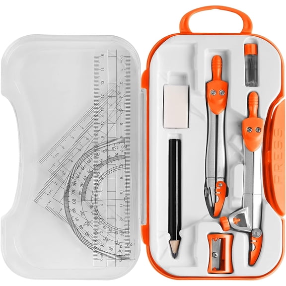 Geometry Kit, (Orange) Math Tool Kit with Compasses, Protractor, Pencil, Eraser, Sharpener, Set Square