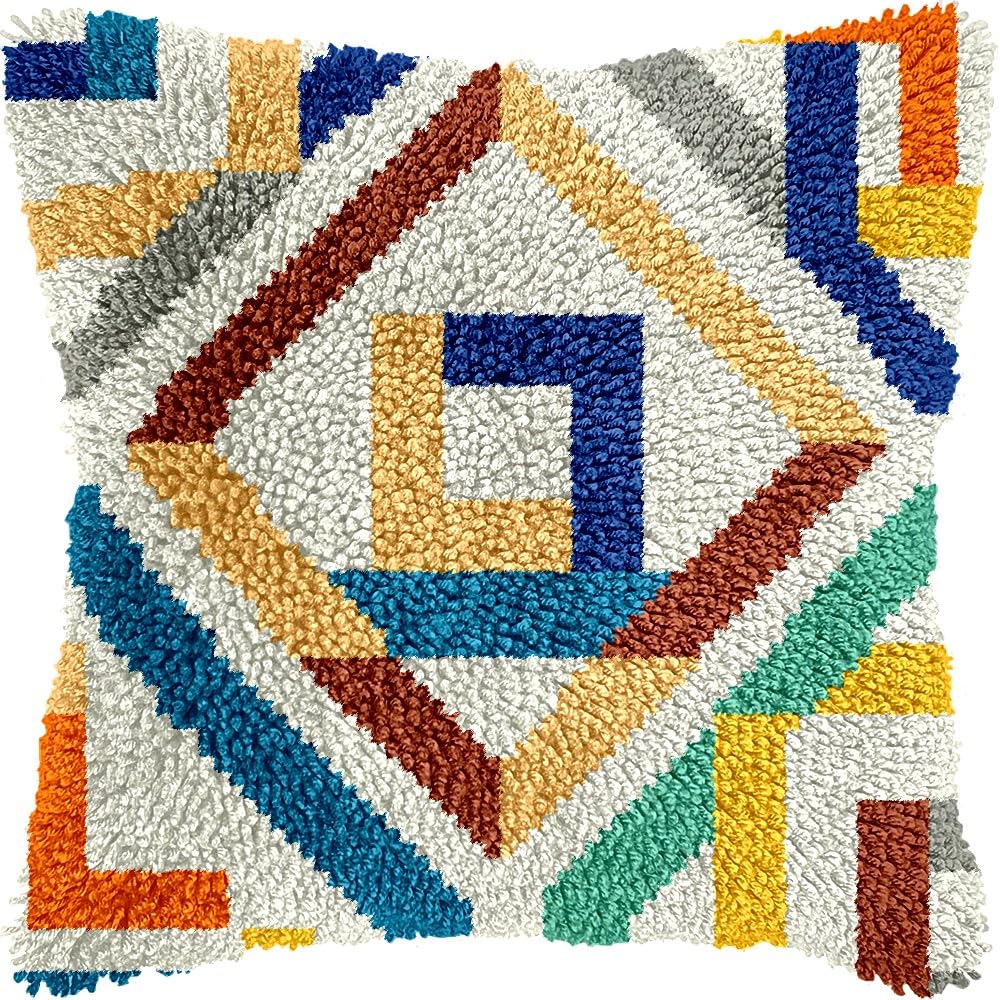 Geometry Latch Hook Pillow Cover Kits for DIY Handmade Throw Pillow Cross Stitch Latch Hooking Pillowcase Kits with Preprinted Color Pattern Canvas Crochet Yarn Kits 17''X 17''(8-43)