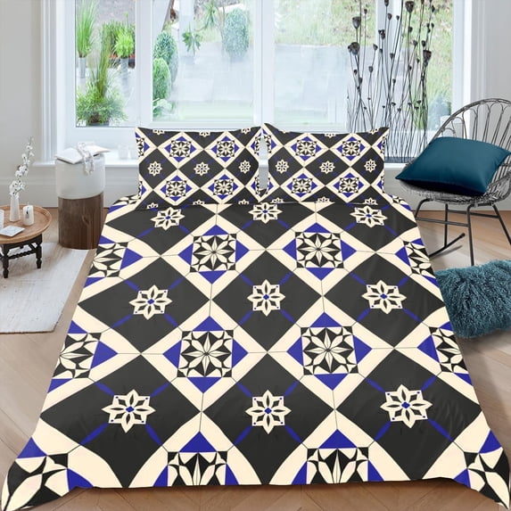 Geometry Lattice Duvet Cover Bohemian Comforter Cover Teens Boho Floral Quilt Cover Hippie Purple Geometric Stripe Bedding Set Grid Square Pattern Bed Sets Bedroom Decor