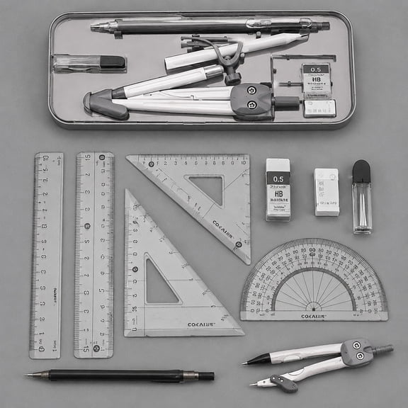 Geometry Math Set, 9 Piece Ruler and Compass Kit for Students Drawing and Drafting, Protractor Triangle Ruler Pencil Compass in Storage Box (Black)