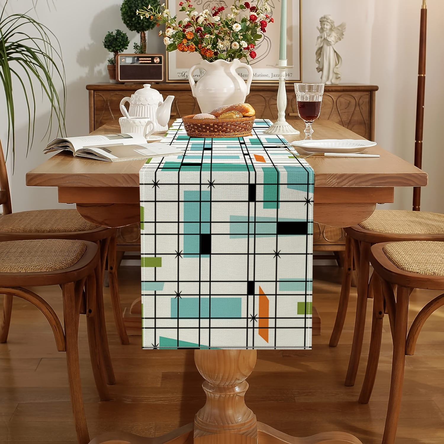 Geometry Print Linen Table Runners Mid Century Farmhouse Style Dresser Scarf Table r Family ...