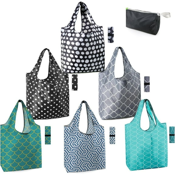 Geometry Reusable Grocery Bags Bulk 6 Packs X-Large, Reusable Shopping Bags Foldable for Groceries, Vegetables, Fruits Watertight Bulk Tote Bags Washable For Women and Men