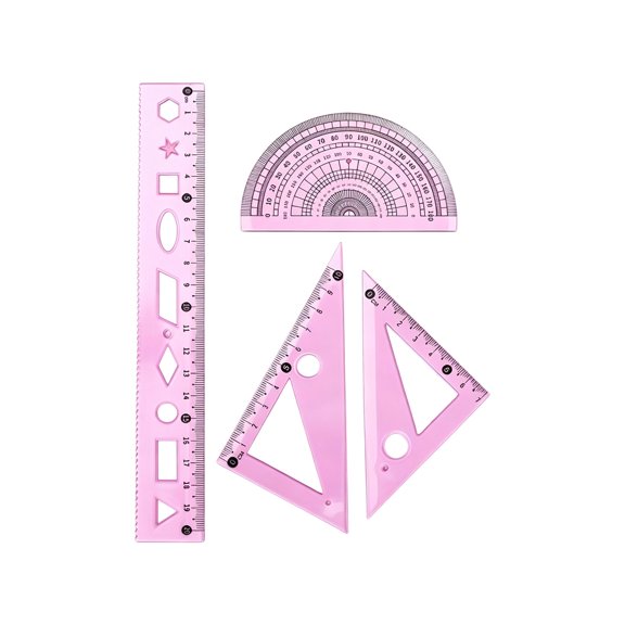 Geometry Ruler Set for Learners, Flexible 4-Piece Measuring Tools with Protractor, Two Squares, Math Class Support