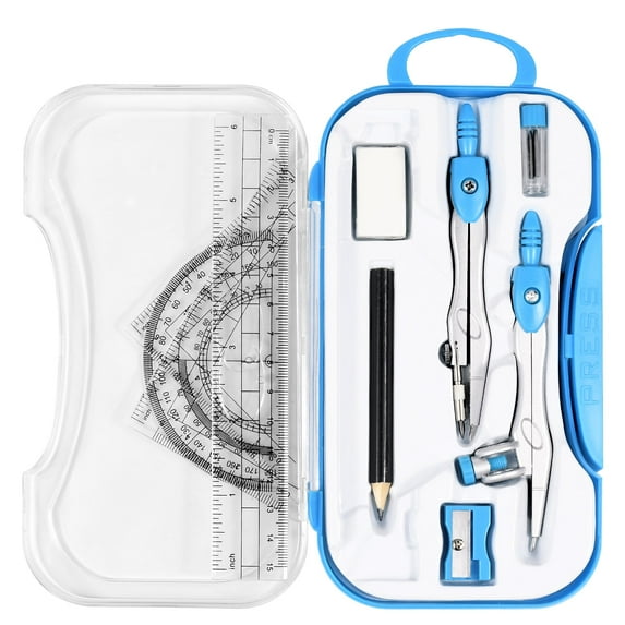Geometry Set 10 Pcs Student Supplies with Shatterproof Storage Box,Includes Rulers,Protractor,Compass,Eraser,Pencil Sharpener,Lead Refills,Pencil(Blue)