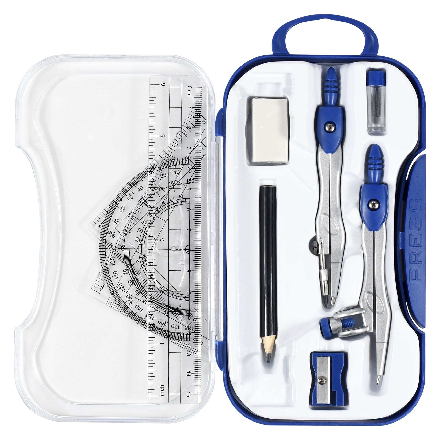Geometry Set 10 Pcs Student Supplies with Shatterproof Storage Box,Includes Rulers,Protractor,Compass,Eraser,Pencil Sharpener,Lead Refills,Pencil,for School（Nevy Blue）