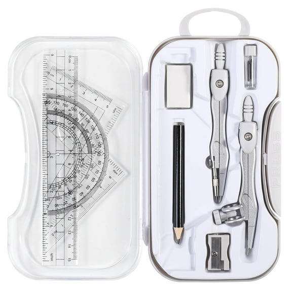 Geometry Set 10 Pcs Student Supplies with Shatterproof Storage Box,Includes Rulers,Protractor,Compass,Eraser,Pencil Sharpener,Lead Refills,Pencil(Grey)
