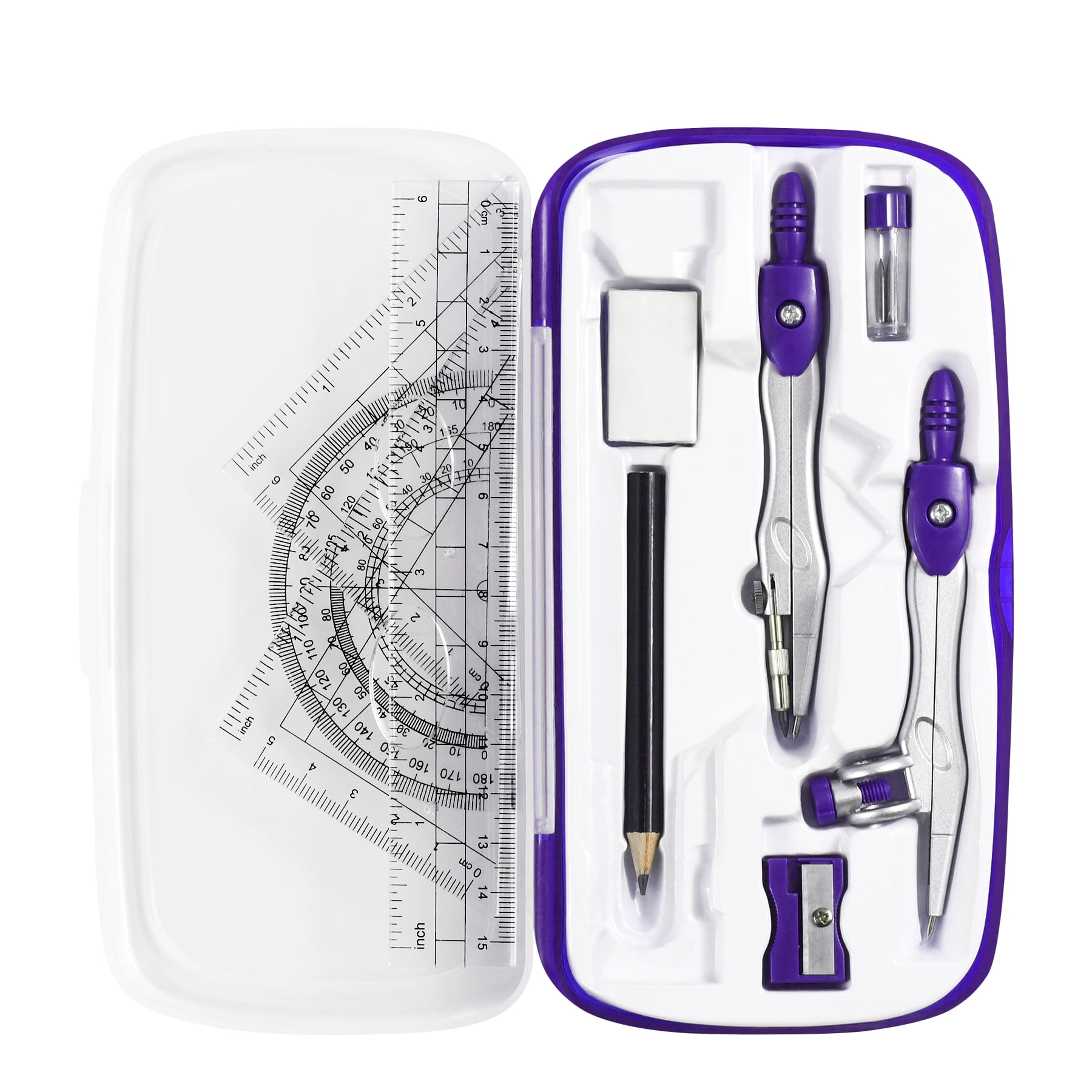 Holseylex 9-Piece Compass Set, Geometry Set, Stationery Set Maths Includes Compass With Compass Leads, Set Square, Ruler, Protractor, Half Round And Eraser For School (Purple