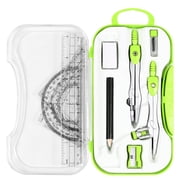 Geometry Set 10 Pcs Student Supplies with Shatterproof Storage Box,Includes Rulers,Protractor,Compass,Eraser,Pencil Sharpener,Lead Refills,Pencil（Green）